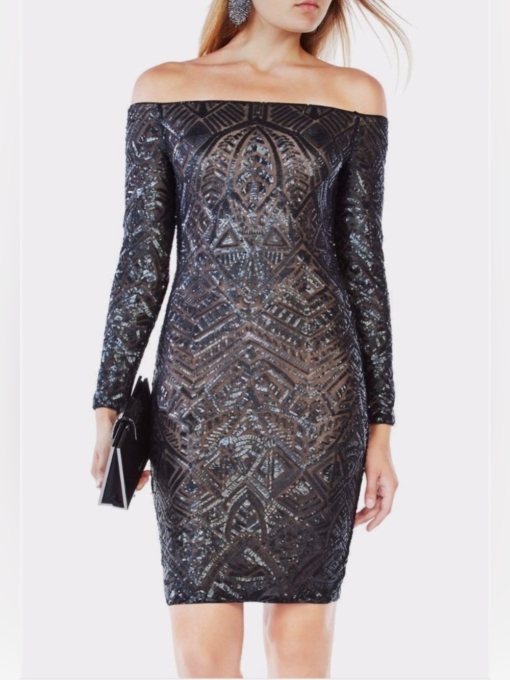 BCBG MAXAZRIA GUNMETAL EUNICE SEQUINED DRESS MNR62K89/M914 Off-Shoulder Bodycon